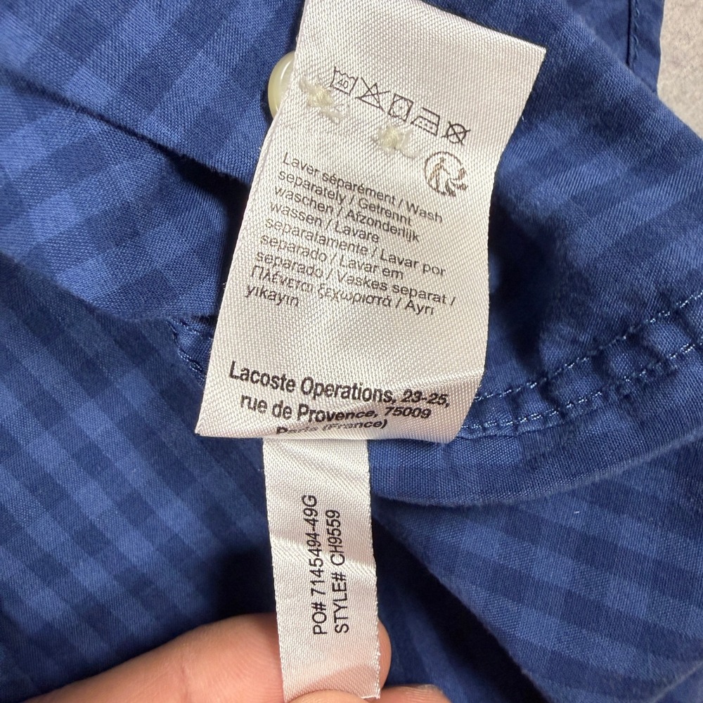 Lacoste Mens Button Down Gingham Poplin Regular Fit Medium Blue Cotton Shirt - Picture 10 of 10